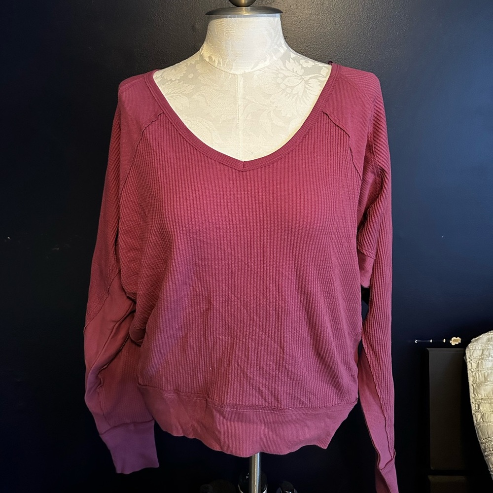Free People Waffle Knit V Neck Oversized Top Purple Small